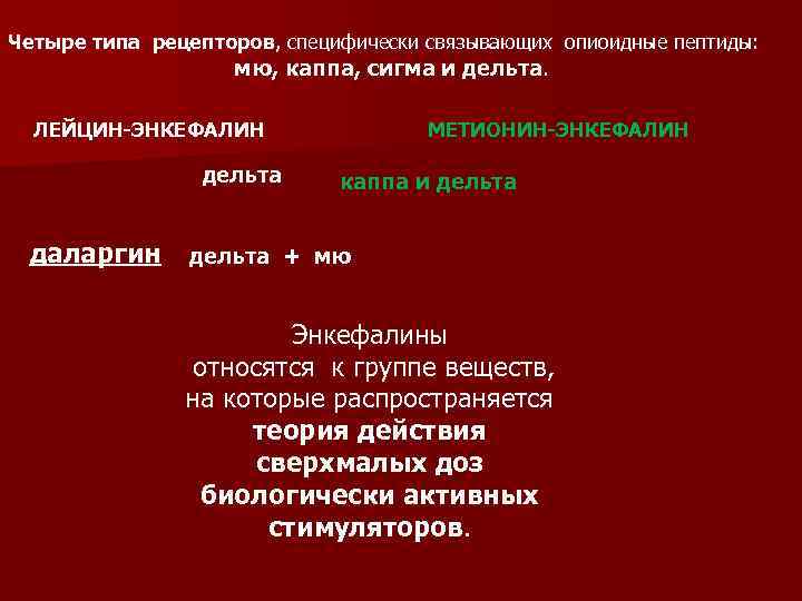 Четыре типа рецепторов, специфически связывающих опиоидные пептиды: мю, каппа, сигма и дельта. ЛЕЙЦИН-ЭНКЕФАЛИН дельта