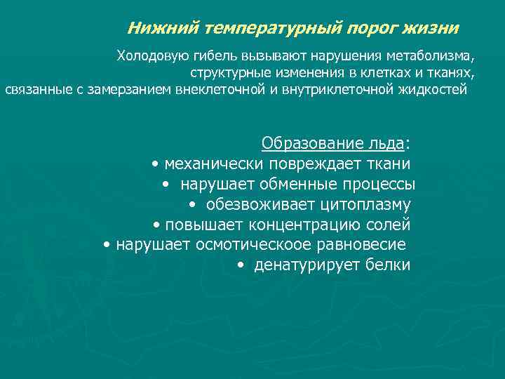 Нижний температурный порог жизни Холодовую гибель вызывают нарушения метаболизма, структурные изменения в клетках и