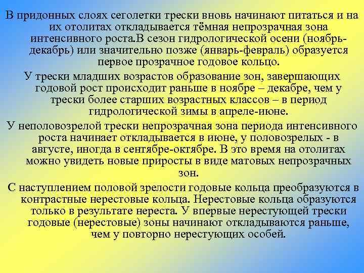 В придонных слоях сеголетки трески вновь начинают питаться и на их отолитах откладывается тёмная