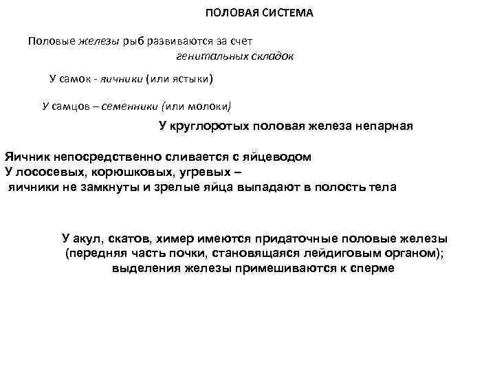 ПОЛОВАЯ СИСТЕМА Половые железы рыб развиваются за счет генитальных складок У самок - яичники