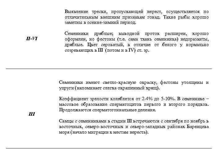 Выявление трески, пропускающей нерест, осуществляется по отличительным внешним признакам гонад. Такие рыбы хорошо заметны