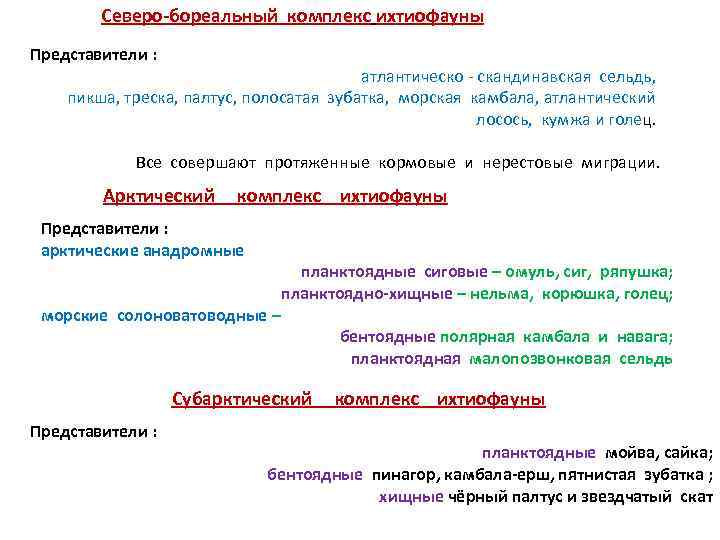 Северо-бореальный комплекс ихтиофауны Представители : атлантическо - скандинавская сельдь, пикша, треска, палтус, полосатая зубатка,