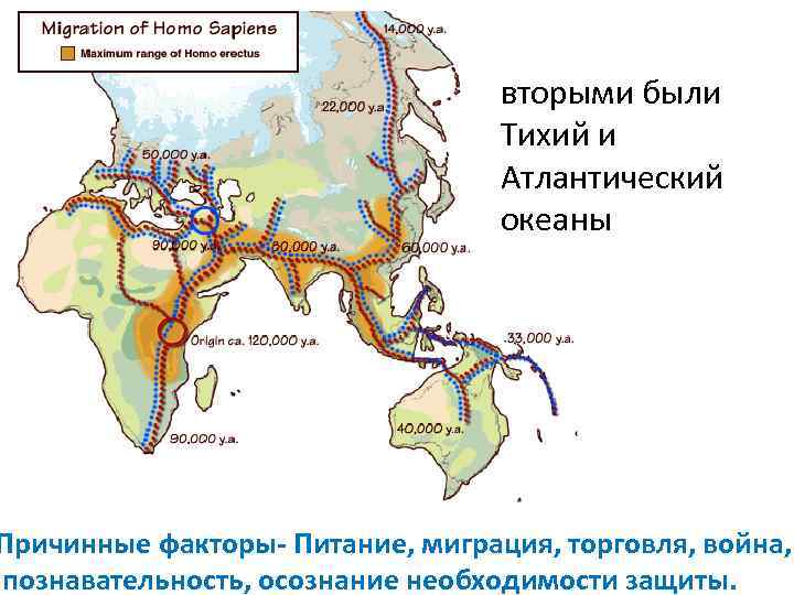 вторыми были Тихий и Атлантический океаны Причинные факторы- Питание, миграция, торговля, война, познавательность, осознание