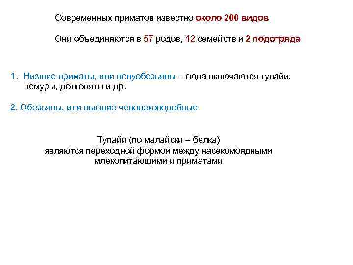 Современных приматов известно около 200 видов Они объединяются в 57 родов, 12 семейств и