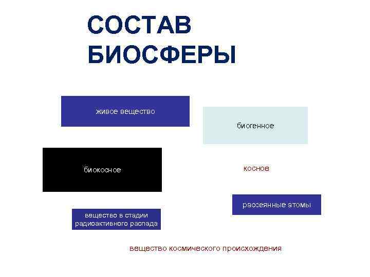 СОСТАВ БИОСФЕРЫ живое вещество биогенное косное биокосное рассеянные атомы вещество в стадии радиоактивного распада