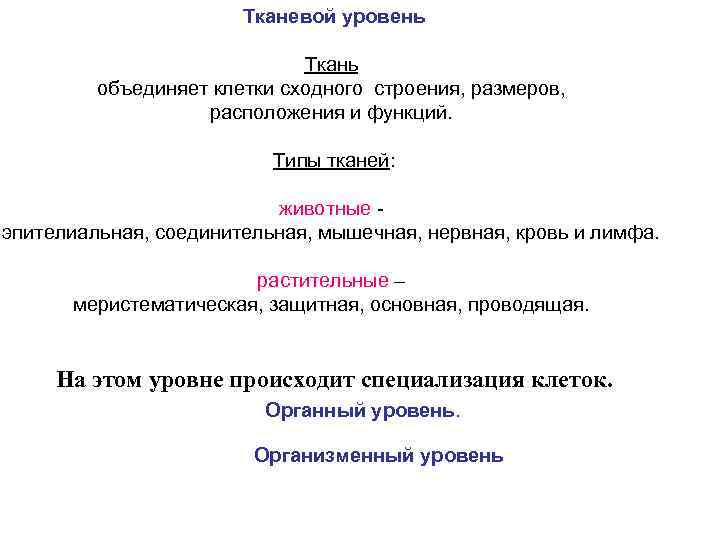 Тканевой уровень Ткань объединяет клетки сходного строения, размеров, расположения и функций. Типы тканей: животные