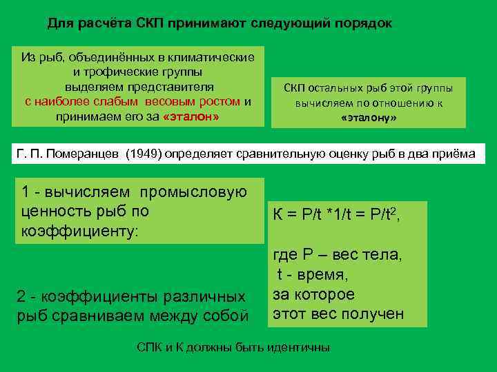 Для расчёта СКП принимают следующий порядок Из рыб, объединённых в климатические и трофические группы