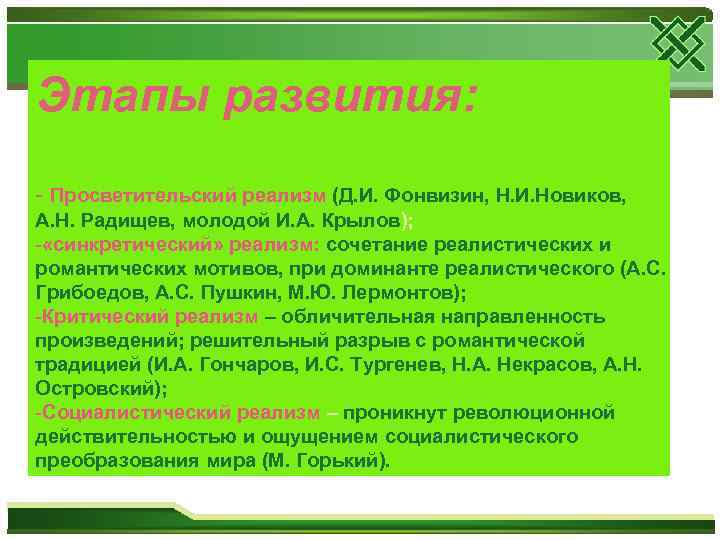 Этапы развития: - Просветительский реализм (Д. И. Фонвизин, Н. И. Новиков, А. Н. Радищев,