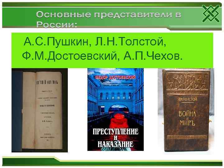  А. С. Пушкин, Л. Н. Толстой, Ф. М. Достоевский, А. П. Чехов. 