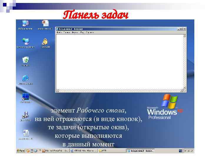 Панель задач элемент Рабочего стола, на ней отражаются (в виде кнопок), те задачи (открытые
