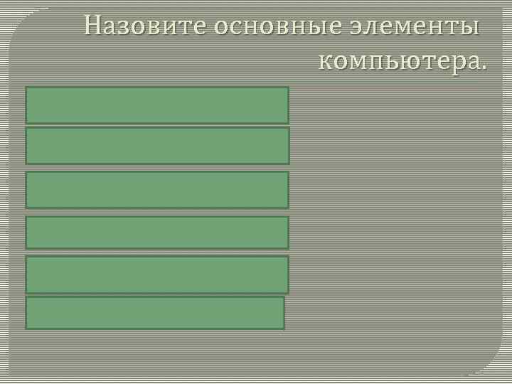 Назовите основные элементы компьютера. Процессор 27 Системный блок 23 Монитор 16 Память 11 Клавиатура