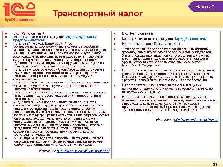 Часть 2 Транспортный налог n n n n n Вид: Региональный Категория налогоплательщиков: Индивидуальные
