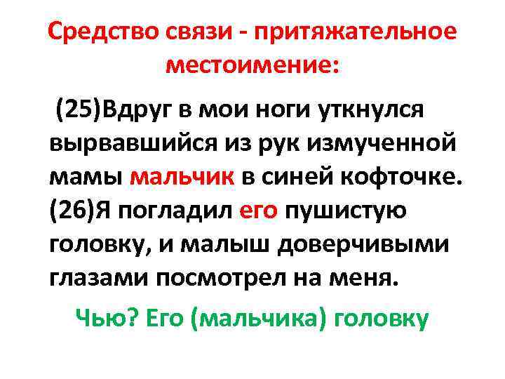 Средство связи притяжательное местоимение: (25)Вдруг в мои ноги уткнулся вырвавшийся из рук измученной мамы