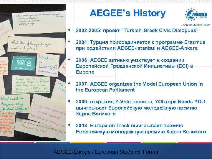 AEGEE’s History • 2002 -2005: проект “Turkish-Greek Civic Dialogues” • 2004: Турция присоединяется к