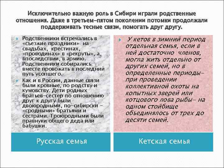 Исключительно важную роль в Сибири играли родственные отношения. Даже в третьем-пятом поколении потомки продолжали