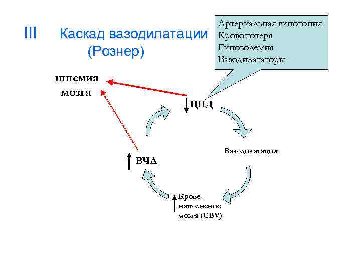 III Каскад вазодилатации (Рознер) ишемия мозга Артериальная гипотония Кровопотеря Гиповолемия Вазодилататоры ЦПД Вазодилатация ВЧД