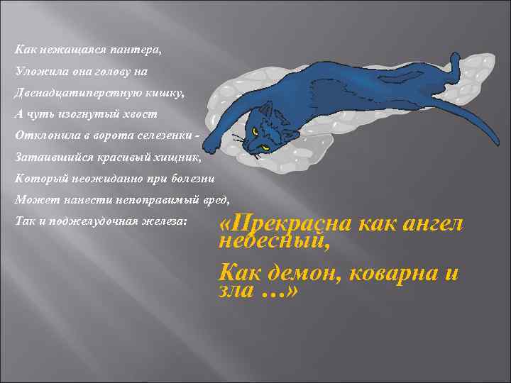 Как нежащаяся пантера, Уложила она голову на Двенадцатиперстную кишку, А чуть изогнутый хвост Отклонила