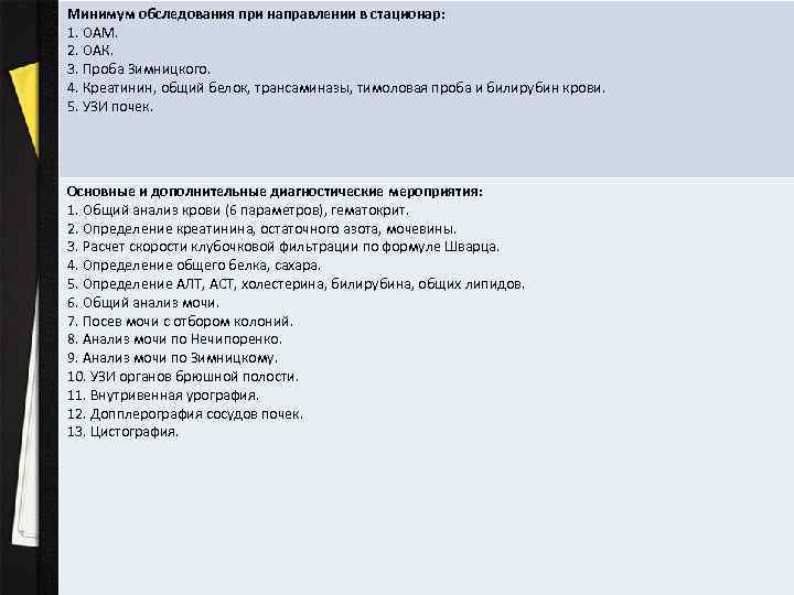 Минимум обследования при направлении в стационар: 1. ОАМ. 2. ОАК. 3. Проба Зимницкого. 4.