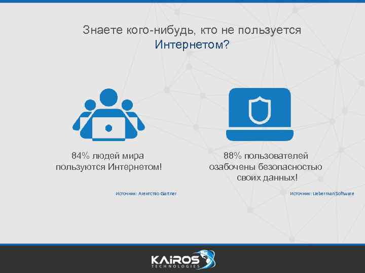 Знаете кого-нибудь, кто не пользуется Интернетом? 84% людей мира пользуются Интернетом! Источник: Агентство Gartner
