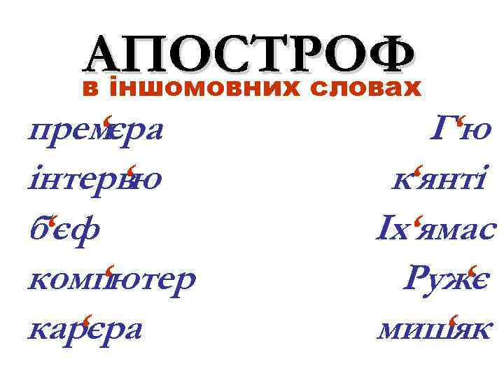 АПОСТРОФ в іншомовних словах прем ‘єра інтерв ‘ю б‘єф комп ‘ютер кар ‘єра Г‘ю