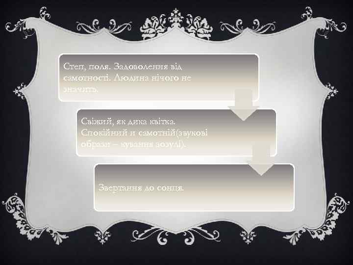 Степ, поля. Задоволення від самотності. Людина нічого не значить. Свіжий, як дика квітка. Спокійний