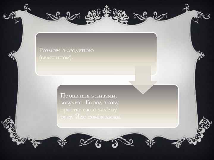 Розмова з людиною (селянином). Прощання з нивами, зозулею. Город знову простяг свою залізну руку.
