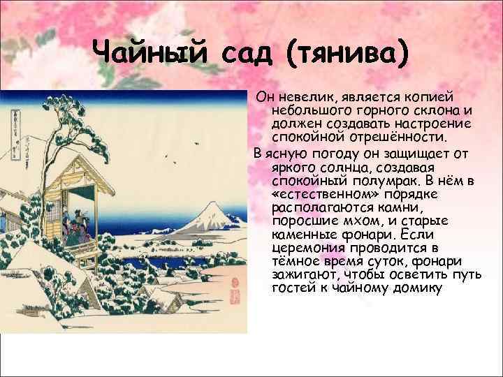 Чайный сад (тянива) Он невелик, является копией небольшого горного склона и должен создавать настроение