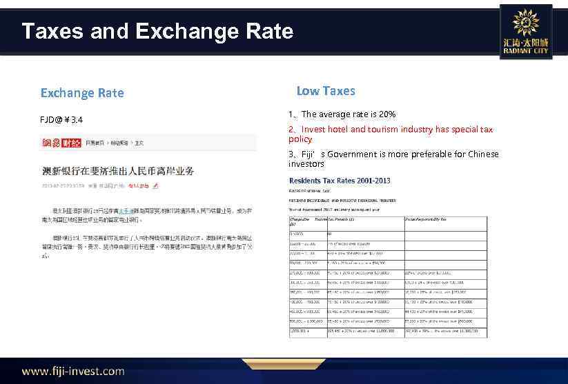 Taxes and Exchange Rate FJD@￥ 3. 4 Low Taxes 1、The average rate is 20%