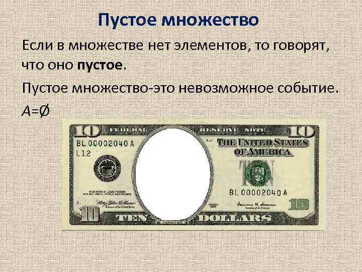 Пустое множество Если в множестве нет элементов, то говорят, что оно пустое. Пустое множество