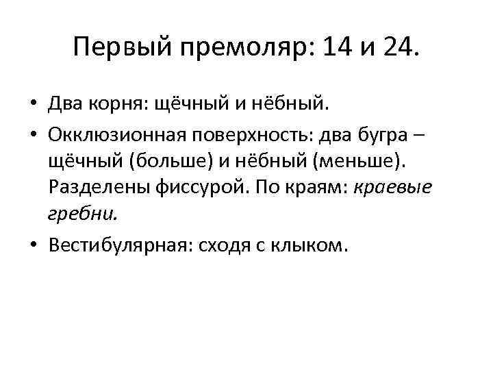 Первый премоляр: 14 и 24. • Два корня: щёчный и нёбный. • Окклюзионная поверхность: