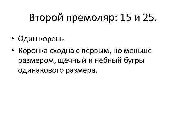 Второй премоляр: 15 и 25. • Один корень. • Коронка сходна с первым, но