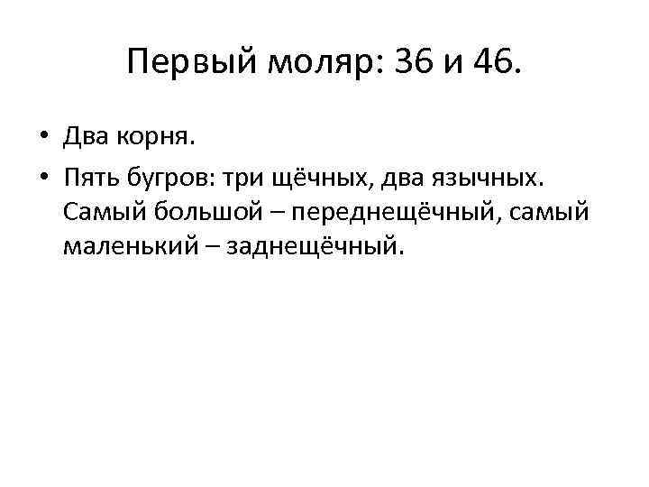 Первый моляр: 36 и 46. • Два корня. • Пять бугров: три щёчных, два