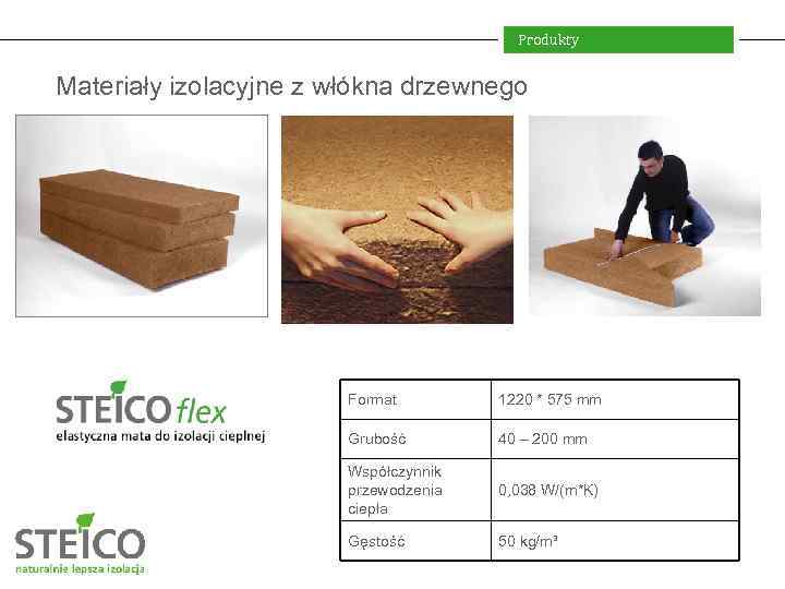 Produkty Materiały izolacyjne z włókna drzewnego Format 1220 * 575 mm Grubość 40 –