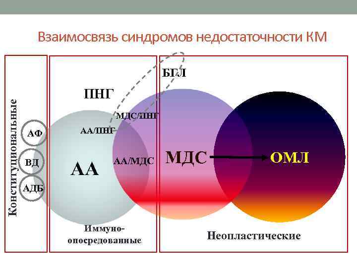 Взаимосвязь синдромов недостаточности КМ Конституциональные БГЛ ПНГ МДС/ПНГ АФ ВД АА/ПНГ АА АА/МДС ОМЛ