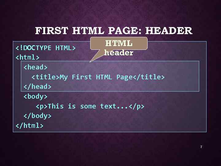 FIRST HTML PAGE: HEADER HTML <!DOCTYPE HTML> header <html> <head> <title>My First HTML Page</title>