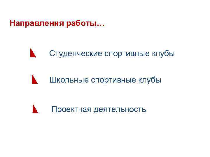 Направления работы… Студенческие спортивные клубы Школьные спортивные клубы Проектная деятельность 