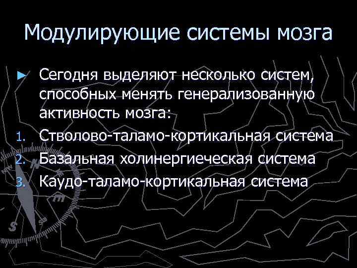Модулирующие системы мозга Сегодня выделяют несколько систем, способных менять генерализованную активность мозга: 1. Стволово-таламо-кортикальная