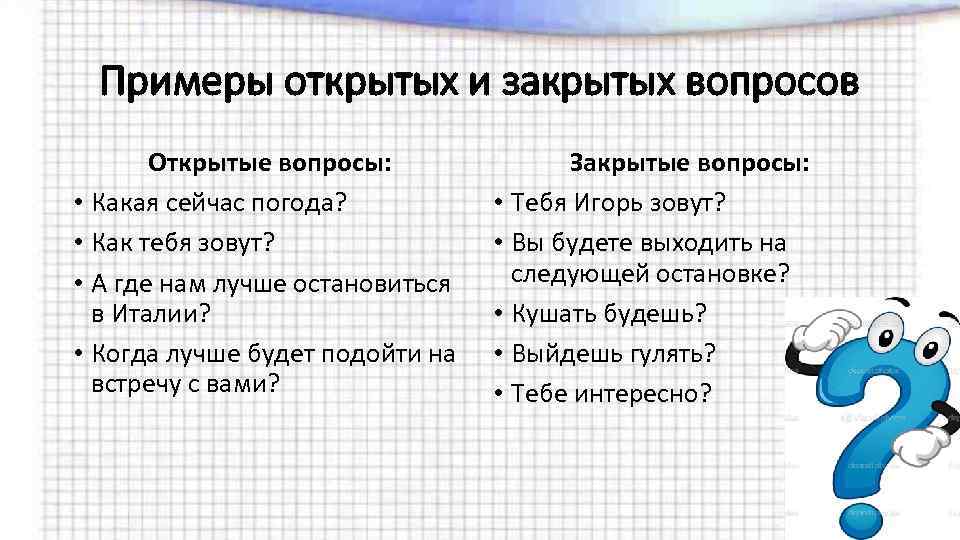 Примеры открытых и закрытых вопросов Открытые вопросы: • Какая сейчас погода? • Как тебя