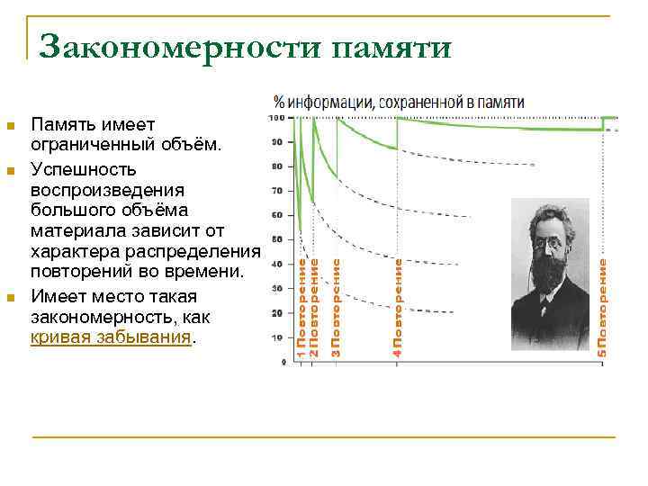 Закономерности памяти n n n Память имеет ограниченный объём. Успешность воспроизведения большого объёма материала