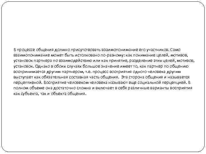 В процессе общения должно присутствовать взаимопонимание его участников. Само взаимопонимание может быть истолковано по-разному: