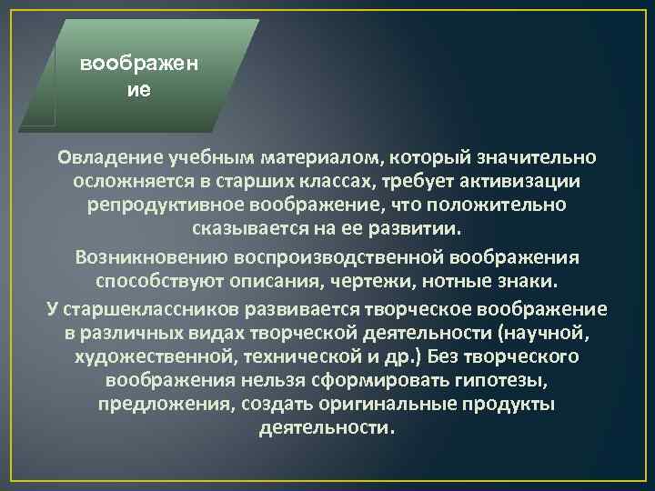 воображен ие Овладение учебным материалом, который значительно осложняется в старших классах, требует активизации репродуктивное
