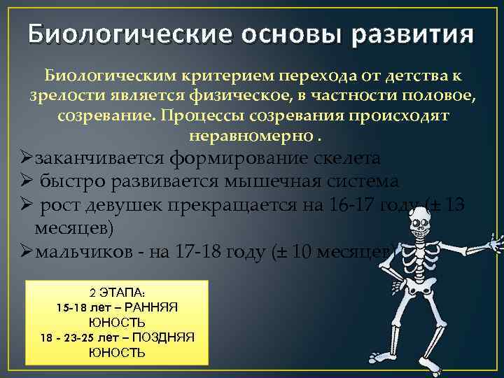 Биологические основы развития Биологическим критерием перехода от детства к зрелости является физическое, в частности