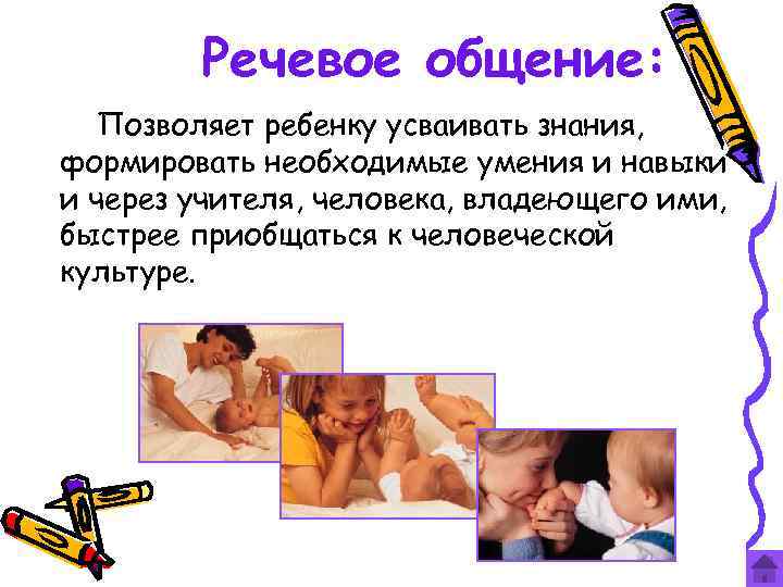 Речевое общение: Позволяет ребенку усваивать знания, формировать необходимые умения и навыки и через учителя,