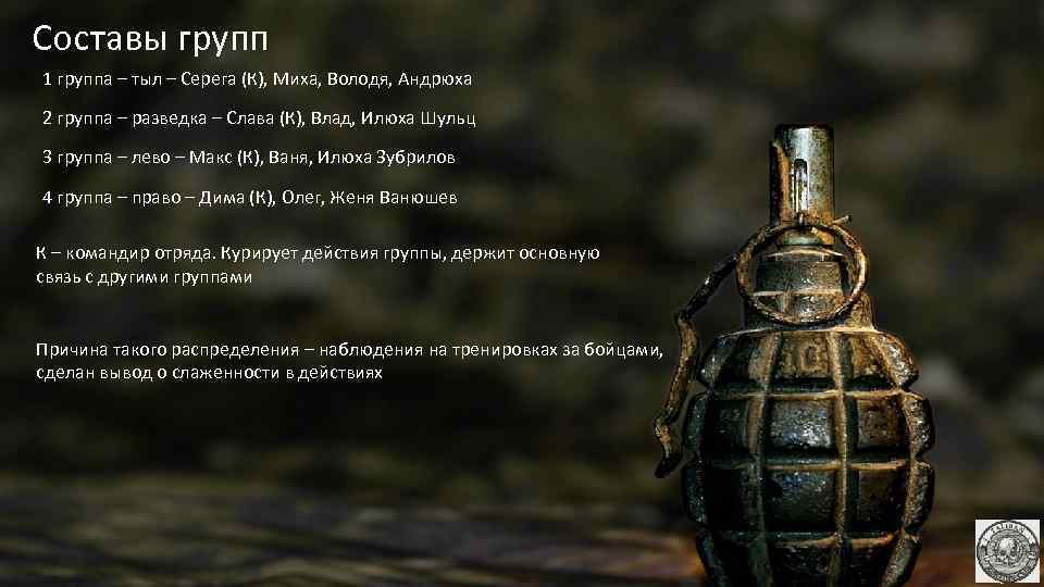 Составы групп 1 группа – тыл – Серега (К), Миха, Володя, Андрюха 2 группа