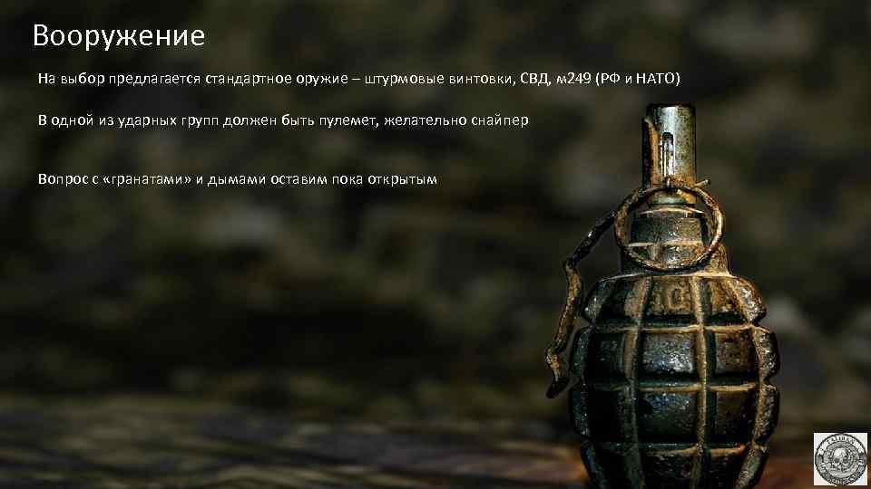 Вооружение На выбор предлагается стандартное оружие – штурмовые винтовки, СВД, м 249 (РФ и