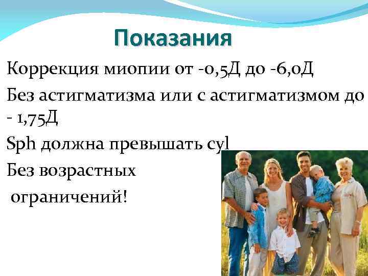 Показания Коррекция миопии от -0, 5 Д до -6, 0 Д Без астигматизма или