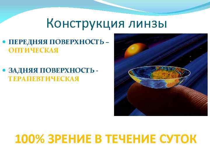 Конструкция линзы ПЕРЕДНЯЯ ПОВЕРХНОСТЬ – ОПТИЧЕСКАЯ ЗАДНЯЯ ПОВЕРХНОСТЬ ТЕРАПЕВТИЧЕСКАЯ 100% ЗРЕНИЕ В ТЕЧЕНИЕ СУТОК