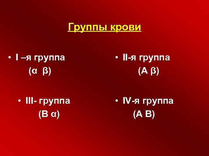 Группы крови • I –я группа (α β) • III- группа (В α) •