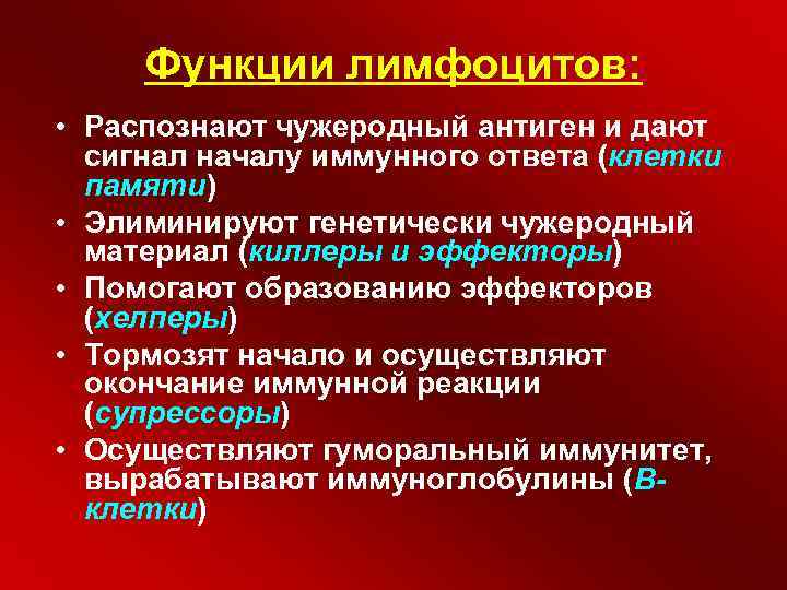 Функции лимфоцитов: • Распознают чужеродный антиген и дают сигнал началу иммунного ответа (клетки памяти)