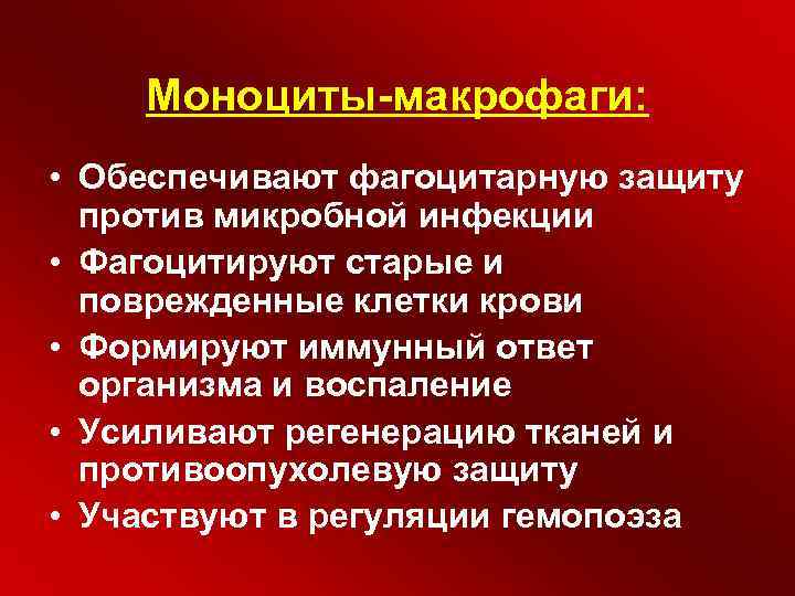 Моноциты-макрофаги: • Обеспечивают фагоцитарную защиту против микробной инфекции • Фагоцитируют старые и поврежденные клетки